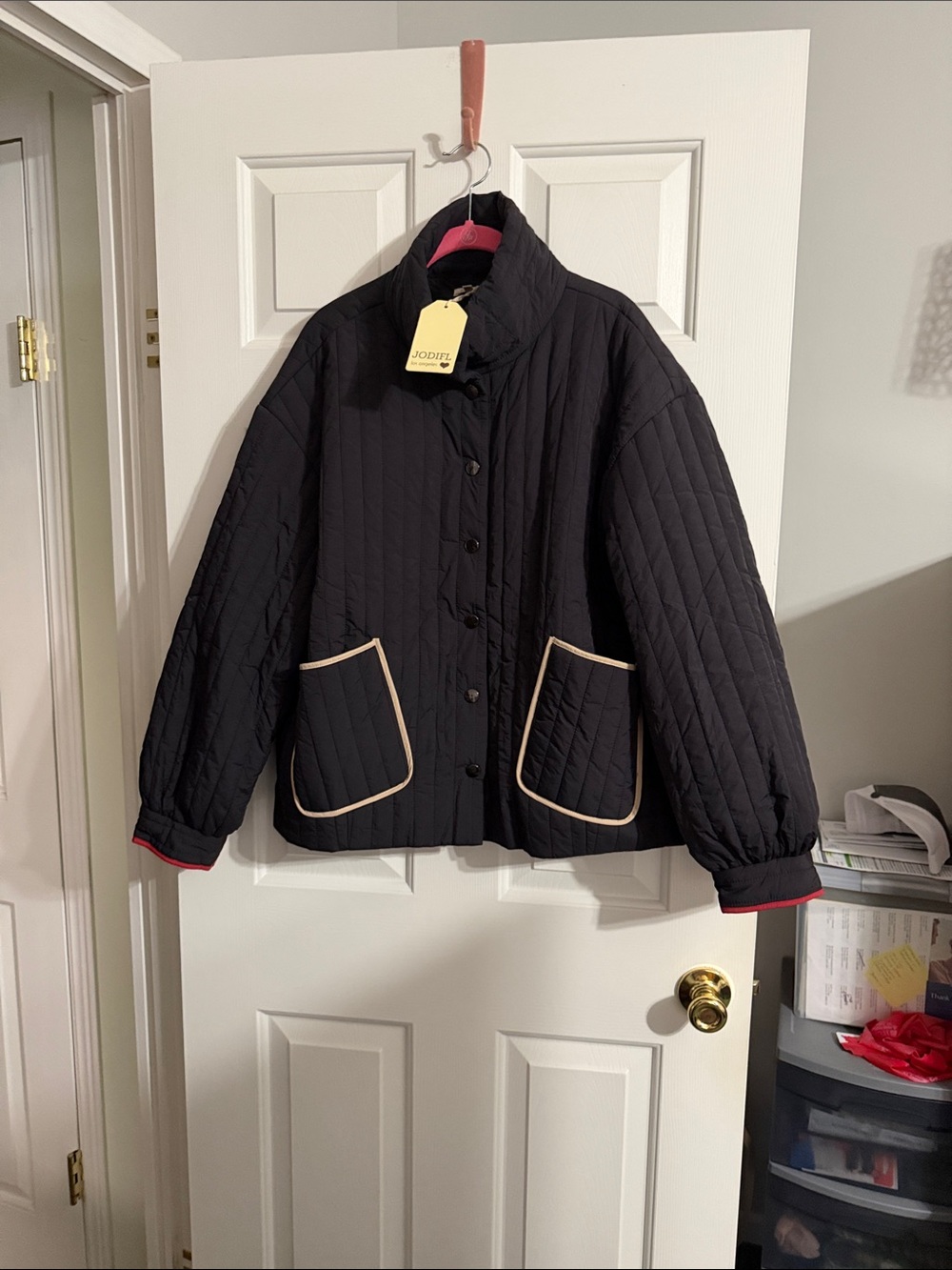 JODIFL Black Quilted Puffer Jacket with Cream Trim and Red Cuff Detail